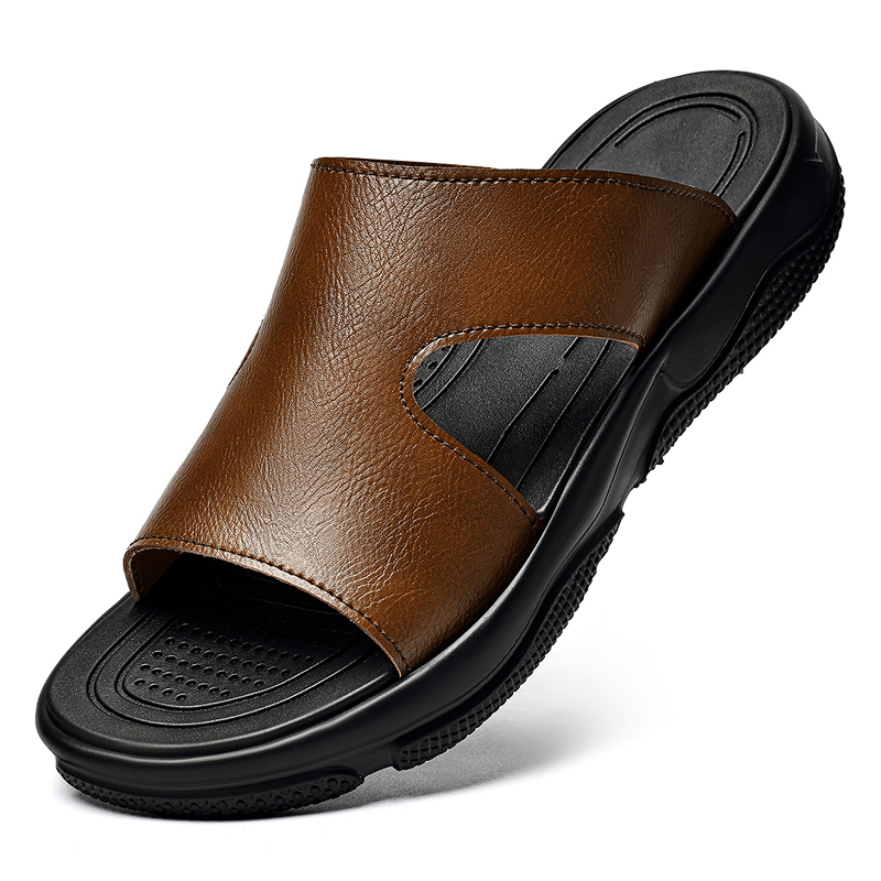 Leather Work Flats - Men's Leather Slide Sandals Non-slip Thick