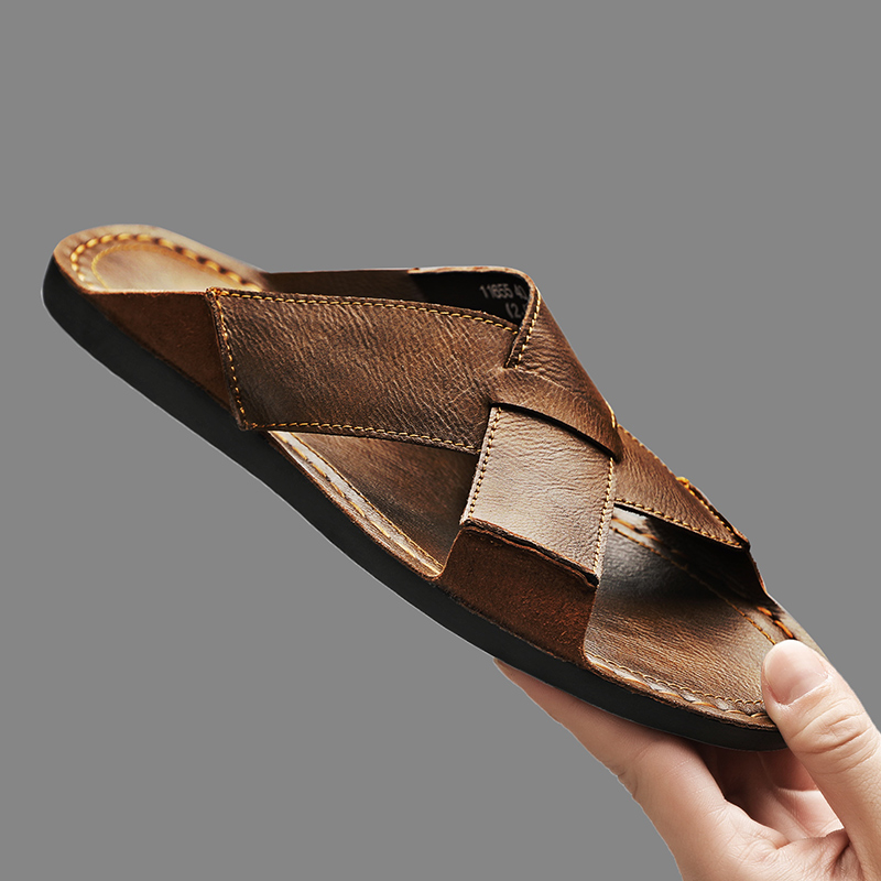 Leather Work Flats - Fashion Genuine Leather Men Slippers Summer