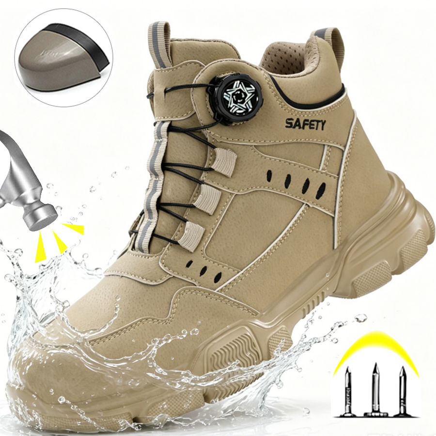 Leather Work Flats - Water Repellent Leather Safety Boots for